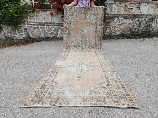 Oushak Turkish Rug 3x9, Hand Made Rustic Decor, Vintage Boho Runner, Beige Medallion Design