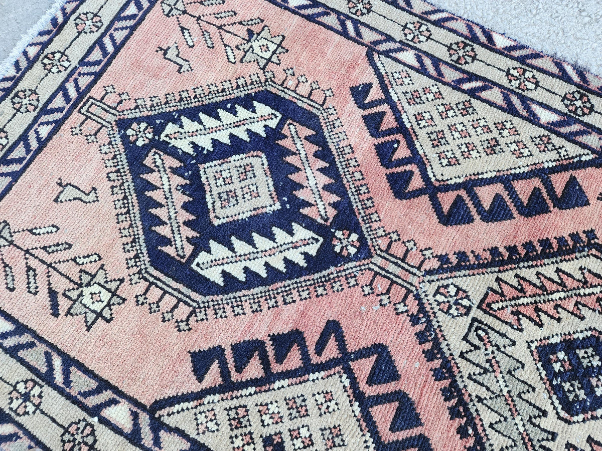 3x10 Hand Made Runner Rug: Persian Medallion Design Rug, Faded Red and Blue Border