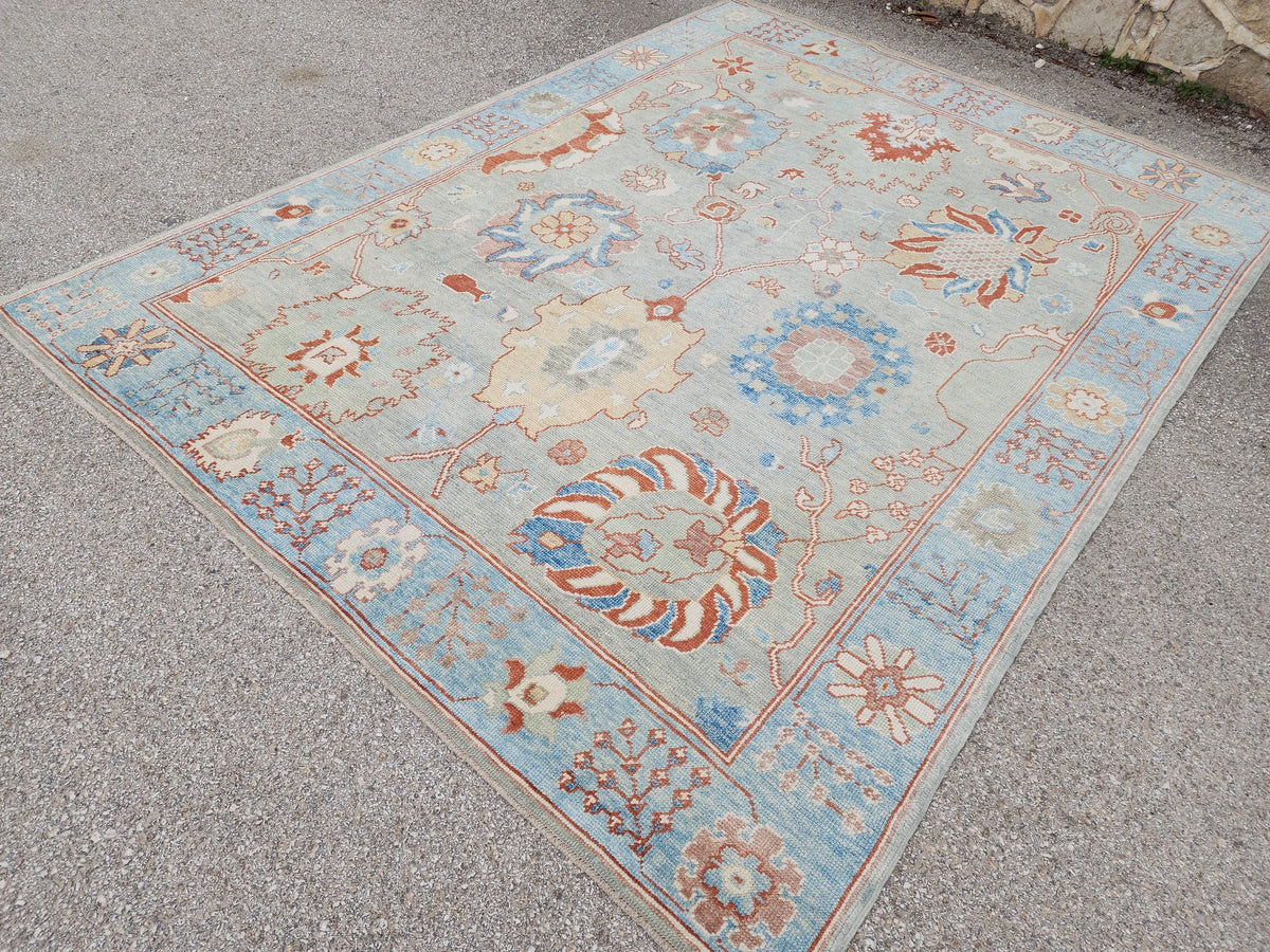 8x10 Oushak Rug, Handwoven Turkish Wool, Light Blue Terracotta Floral, Living Room Decor