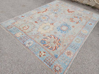 8x10 Oushak Rug, Handwoven Turkish Wool, Light Blue Terracotta Floral, Living Room Decor