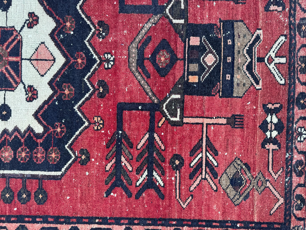 3x9 Vintage Wool Runner Rug: Hand Made, Persian Geometric Design, Medallion Pattern