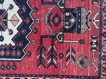 3x9 Vintage Wool Runner Rug: Hand Made, Persian Geometric Design, Medallion Pattern