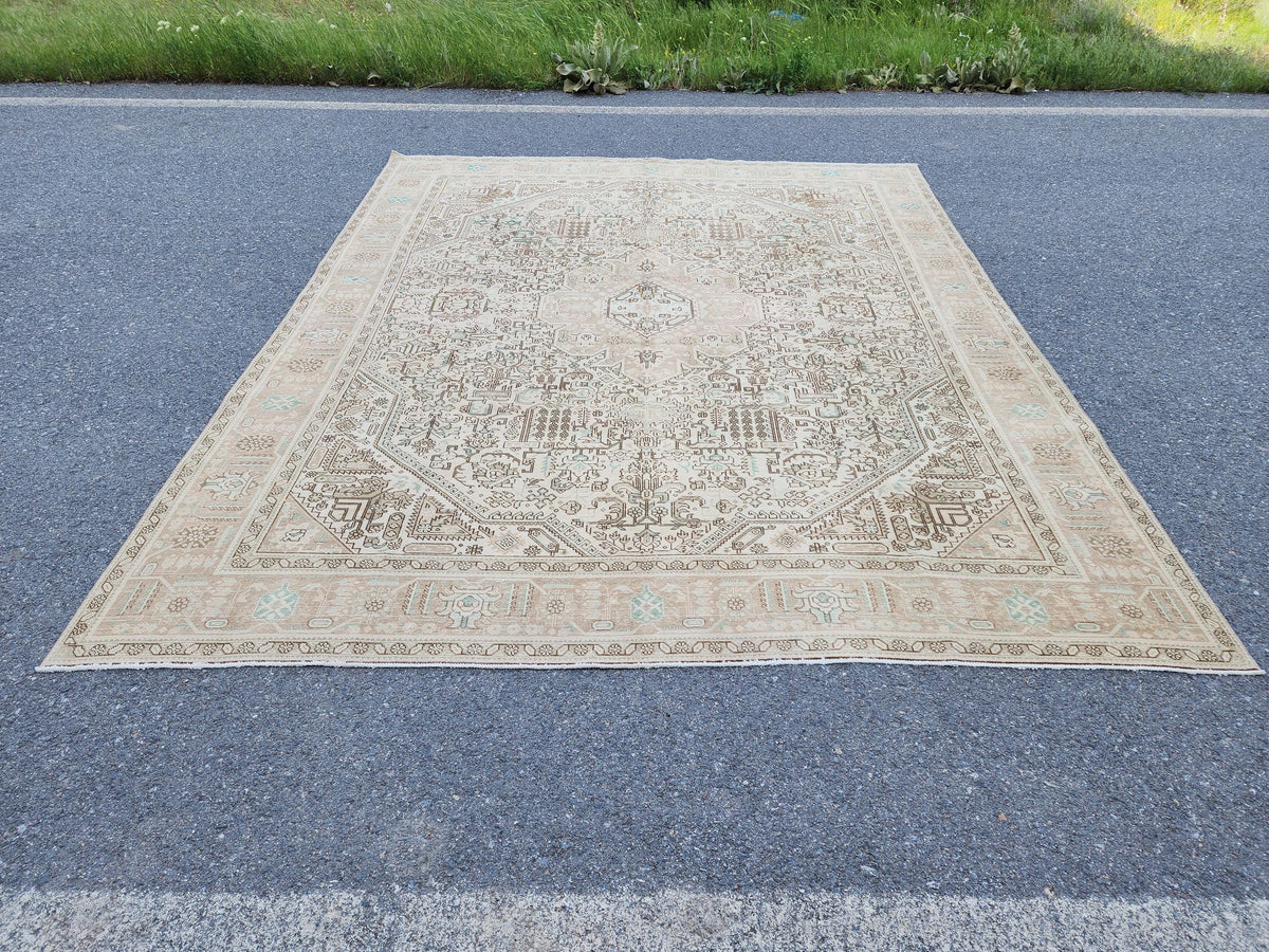 Vintage Neutral Rug 9x12, Up Cycled Wool, Hand Knotted Geometric Design, Brown and Beige