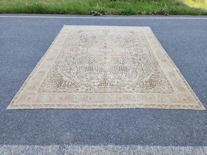 Vintage Neutral Rug 9x12, Up Cycled Wool, Hand Knotted Geometric Design, Brown and Beige