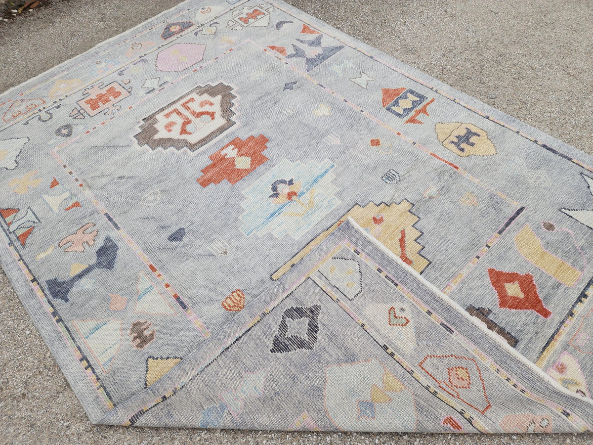 6x9 Gray Oushak Rug: Turkish Wool, Ocean Breeze Patina Blue Wool, Kitds Room Decor