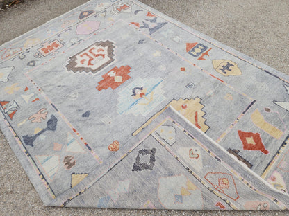 6x9 Gray Oushak Rug: Turkish Wool, Ocean Breeze Patina Blue Wool, Kitds Room Decor