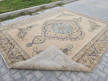 Vintage Oushak Rug 9x12: Hand-Knotted Turkish Wool Area Rug