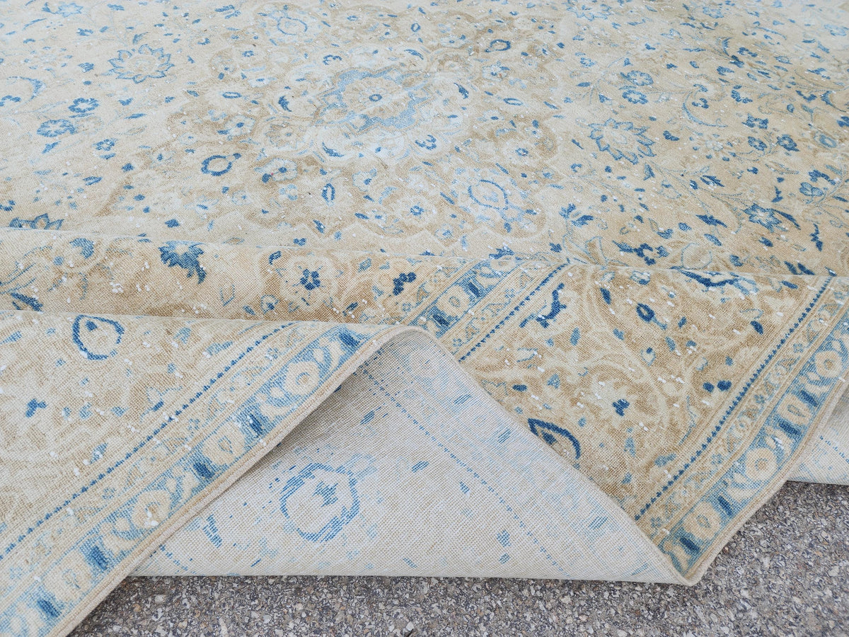 Neutral Blue Wool Area Rug 9x14: Rustic Farmhouse Bohemian Style