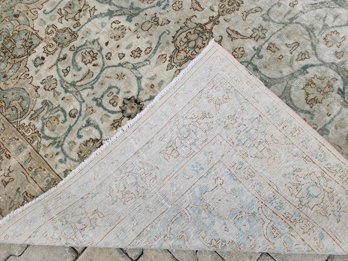 6x11 Neutral Vintage Rug: Green Floral Design Persian Border Design, Hand Knotted
