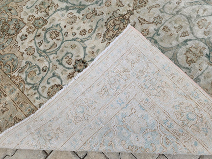 6x11 Neutral Vintage Rug: Green Floral Design Persian Border Design, Hand Knotted