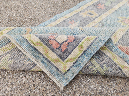 3x10 Handwoven Oushak Wool Runner Rug: Pastel Blue Floral Hallway Rug, Home Rustic Decor