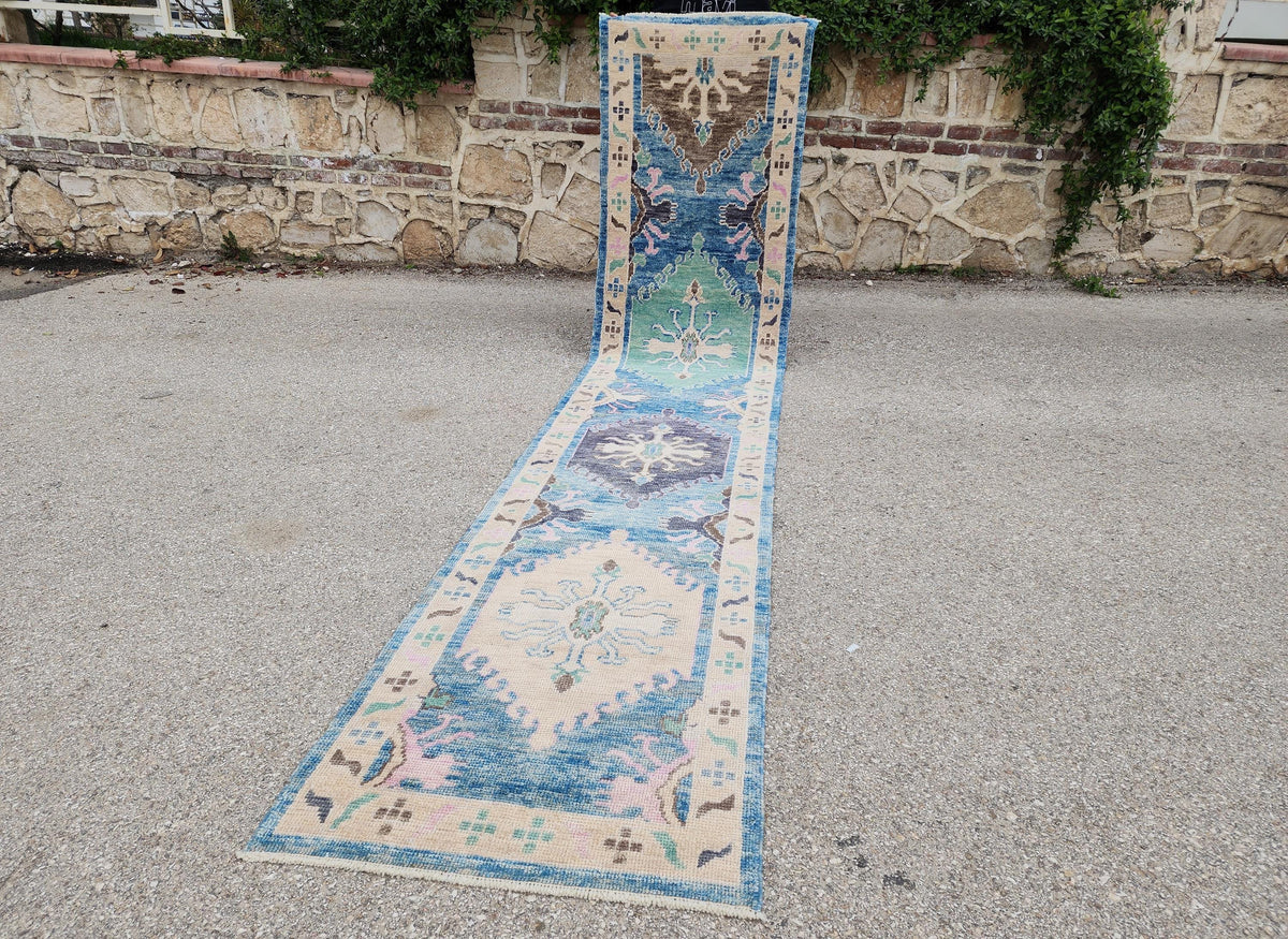 3x13 Oushak Runner Rug, Soft Blue Wool Turkish Hand Made, Rustic Hallway Decor