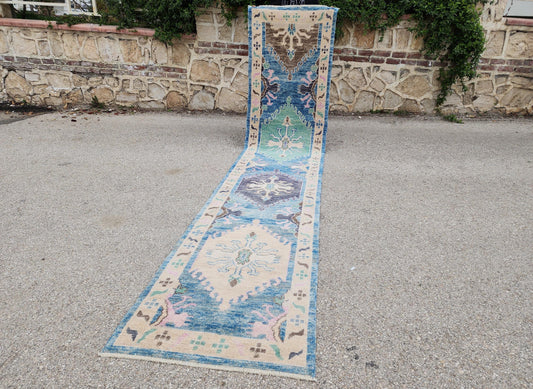 2.9x13.5 ft Turkish Oushak Wool Runner – Blue, Hallway