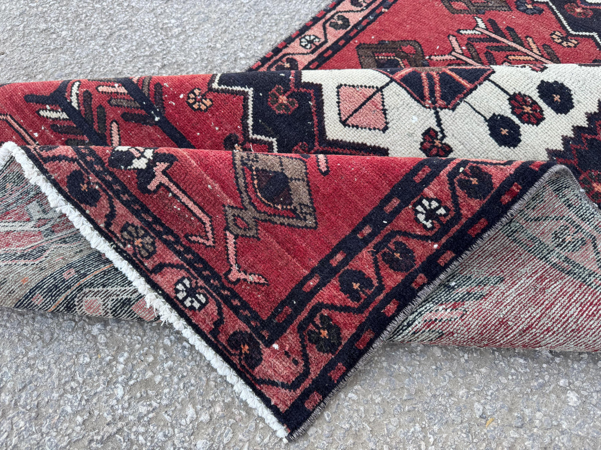 3x9 Vintage Wool Runner Rug: Hand Made, Persian Geometric Design, Medallion Pattern