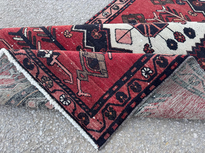 3x9 Vintage Wool Runner Rug: Hand Made, Persian Geometric Design, Medallion Pattern