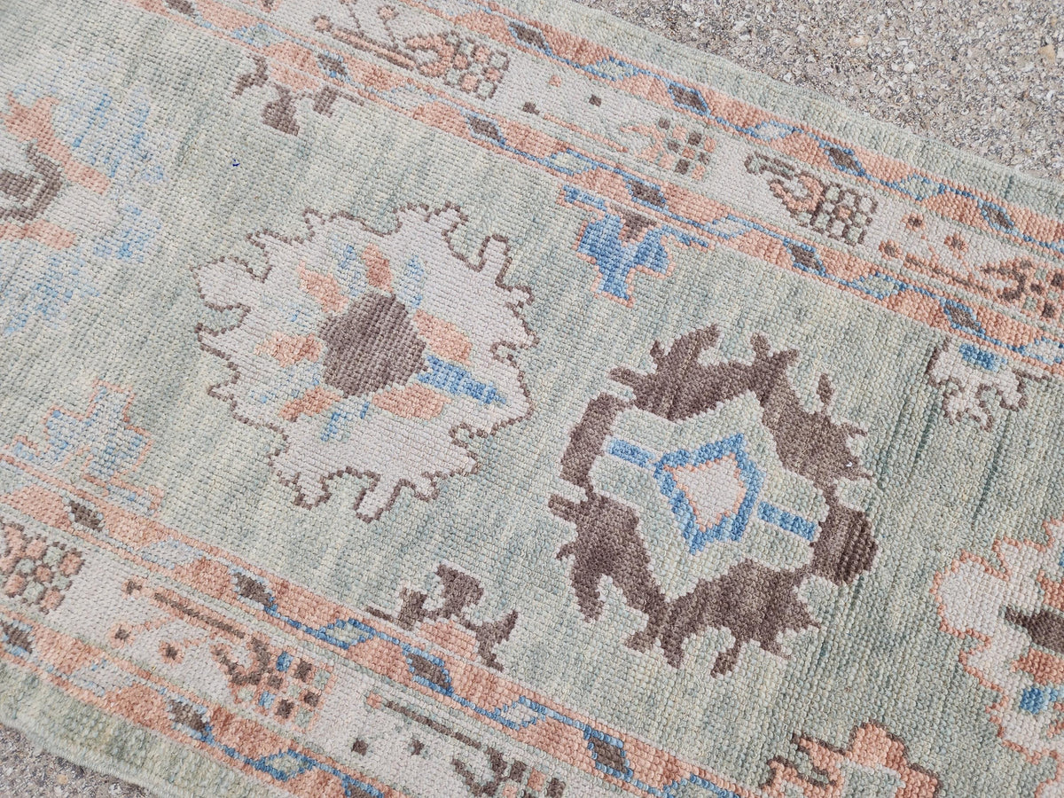 3x13 Oushak Runner Rug: Handwoven Turkish Wool, Soft Green, Eco Friendly