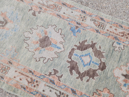 3x13 Oushak Runner Rug: Handwoven Turkish Wool, Soft Green, Eco Friendly
