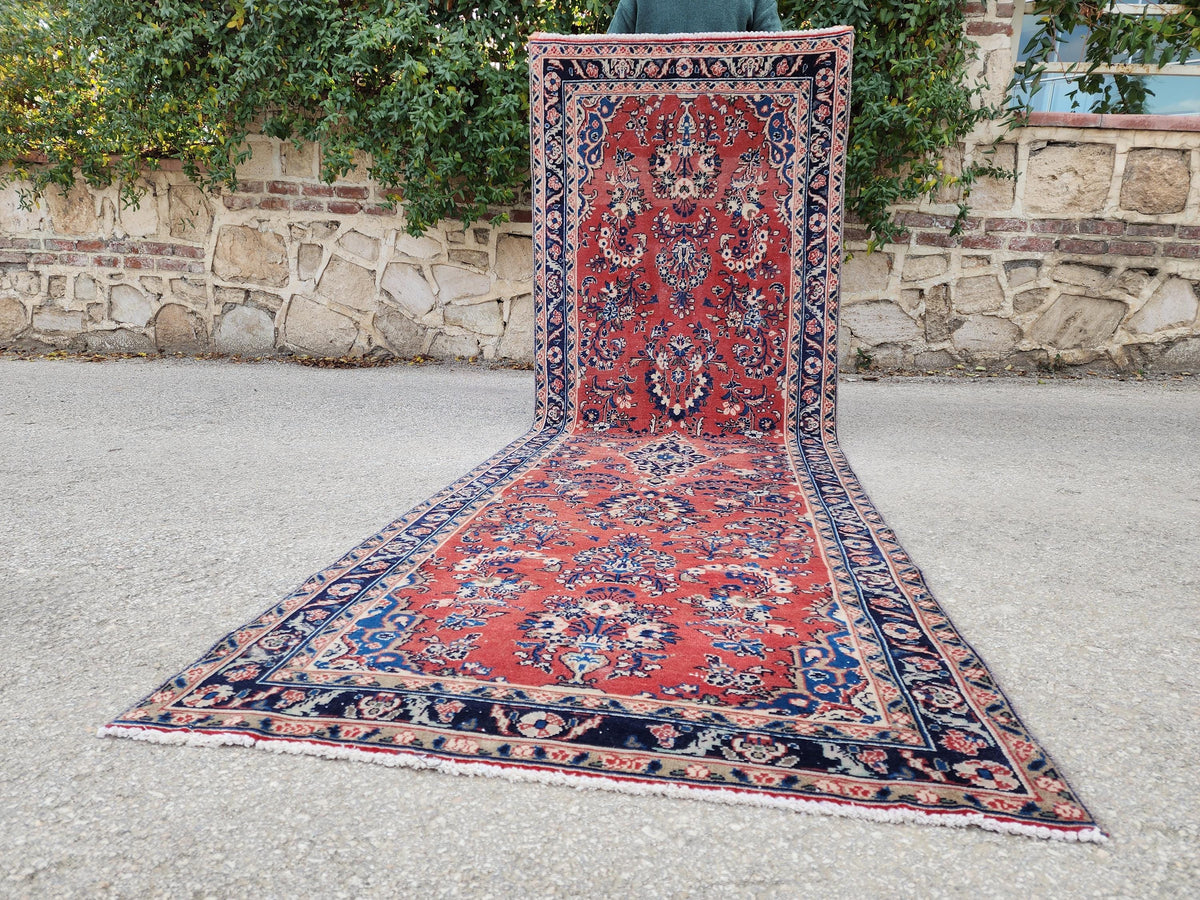3x9 Vintage Red Runner Rug: Oriental Hand Woven, Persian Floral Design