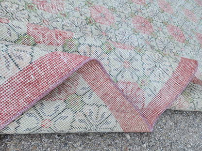 5x9 Vintage Area Rug, Turkish Wool Hand Knotted, Faded Red And Green Carpet