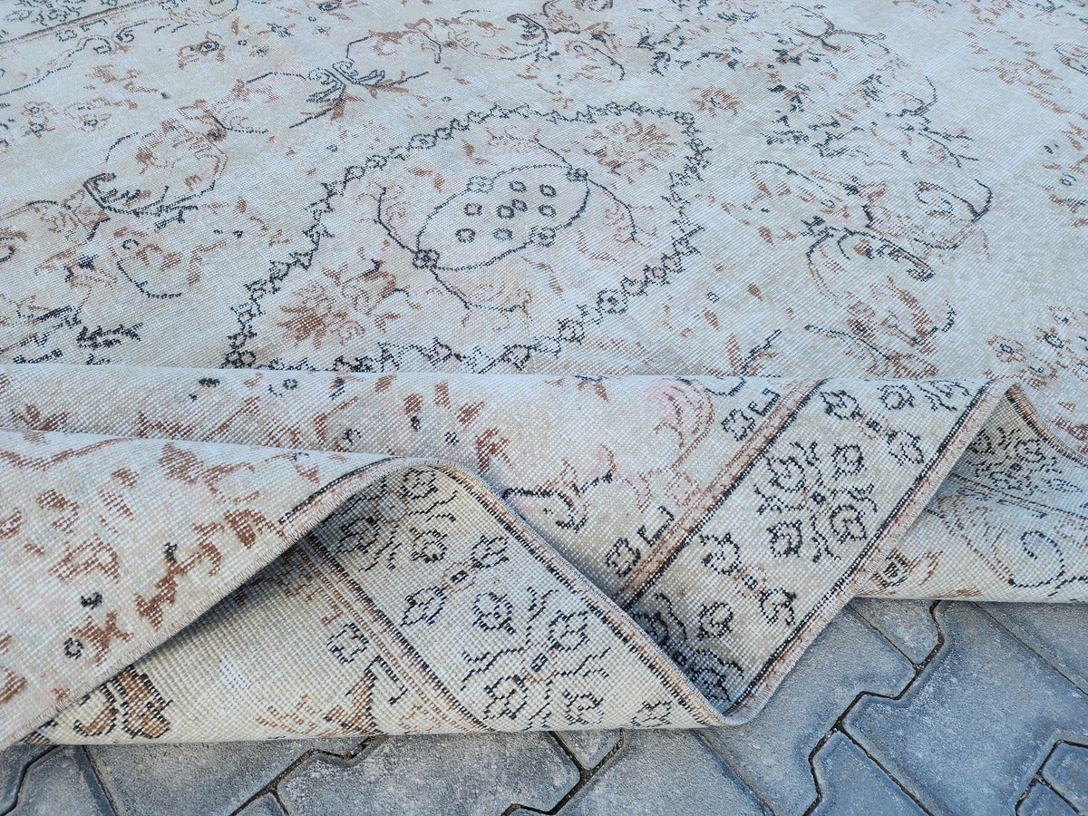 Muted Ivory Turkish Wool Rug 6x10: Semi Antique Neutral Rug