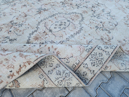 Muted Ivory Turkish Wool Rug 6x10: Semi Antique Neutral Rug