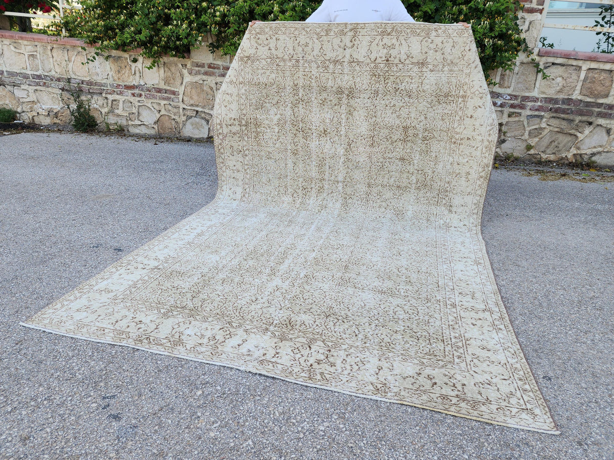 Neutral Vintage Area Rug 6x10, Hand Knotted, Turkish Hand Woven, Beige And Green
