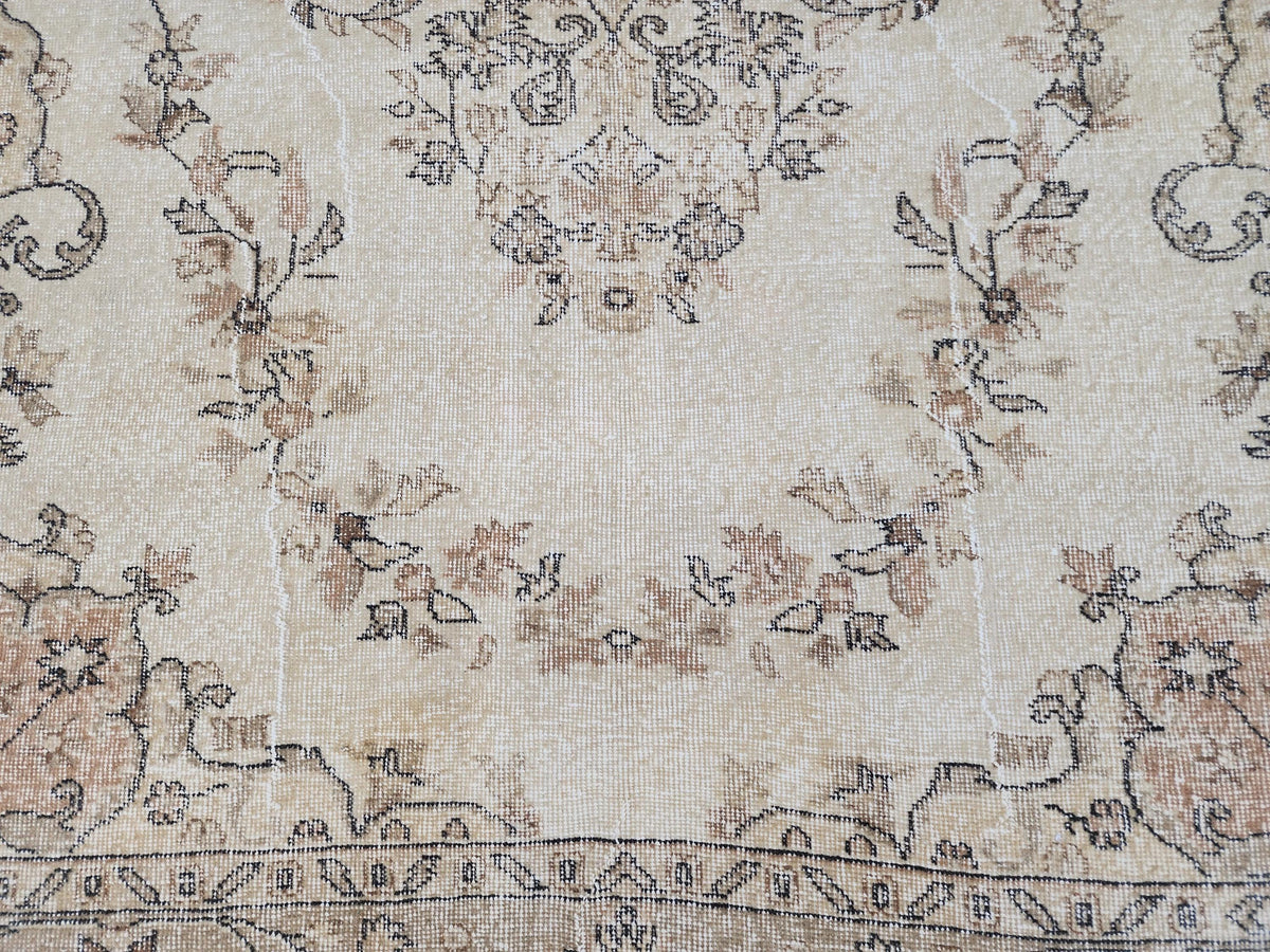6x9 Hand Made Oushak Rug: Beige and Brown, Rustic Decor, Turkish Wool Rug
