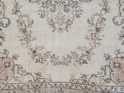 6x9 Hand Made Oushak Rug: Beige and Brown, Rustic Decor, Turkish Wool Rug