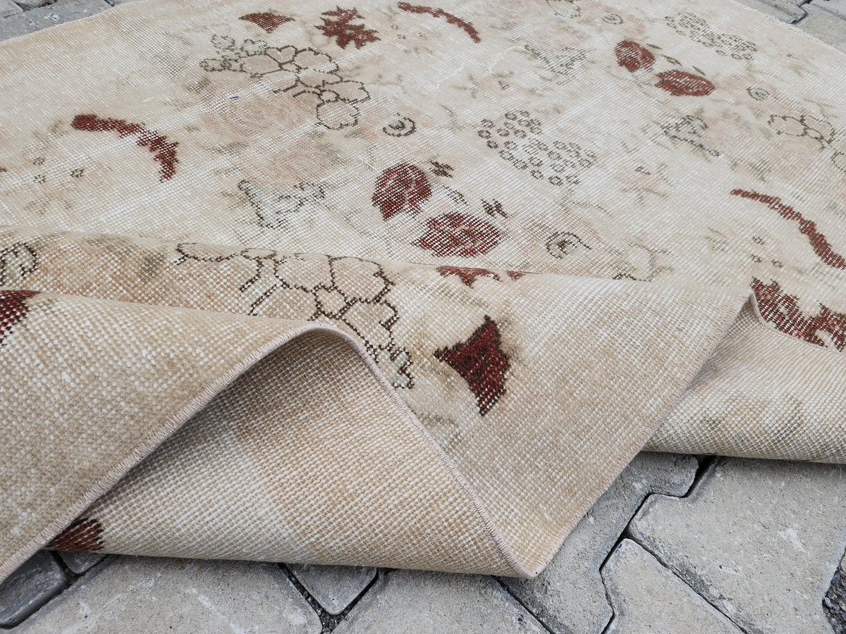 3x6 Vintage Turkish Oushak Rug: Beige Floral Entryway Rug
