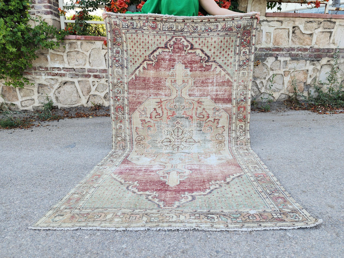 4x7 Vintage Boho Area Rug, Rustic Hand Knotted Up Cycled Wool, Eco Friendly, Turkish Hand Made