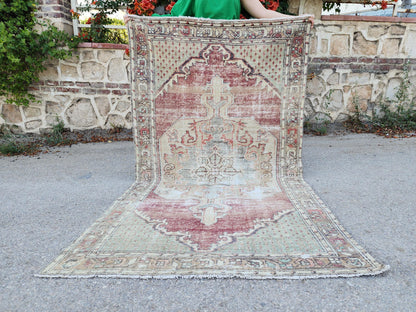 4x7 Vintage Boho Area Rug, Rustic Hand Knotted Up Cycled Wool, Eco Friendly, Turkish Hand Made