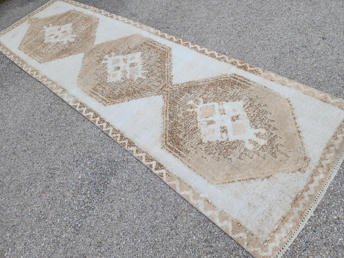3x11 Wool Turkish Runner Rug: Neutral Rustic Hallway Entry Rug