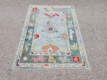 Handwoven Oushak Wool Rug 3x4, Light Blue Floral Entryway Rug