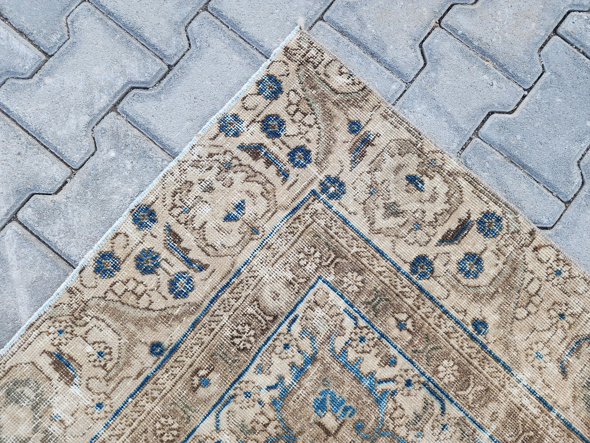 6x10 Turkish Area Rug, Beige and Blue Color, Dining Room Wool Hand Knotted Decor