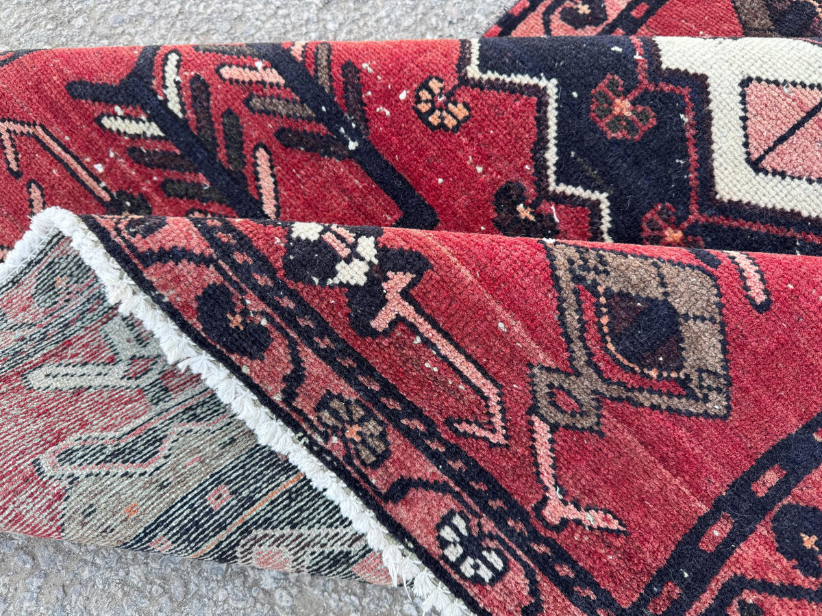 3x9 Vintage Wool Runner Rug: Hand Made, Persian Geometric Design, Medallion Pattern