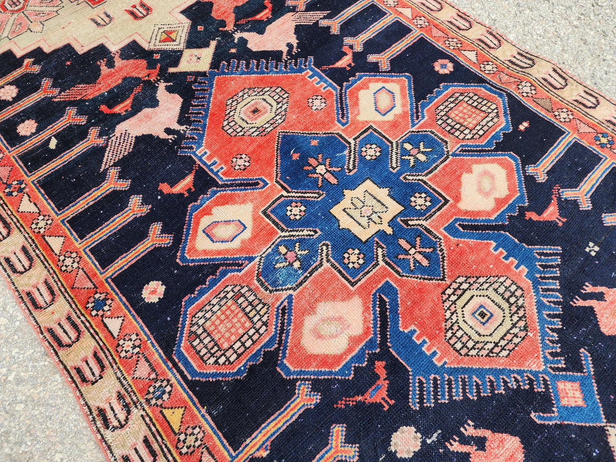 3.7x9.7 Vintage Caucasian Runner Rug, 1950s Handwoven Wool Carpet, Animal Motif Navy Red Tribal Design
