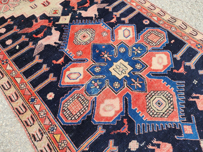 3.7x9.7 Vintage Caucasian Runner Rug, 1950s Handwoven Wool Carpet, Animal Motif Navy Red Tribal Design