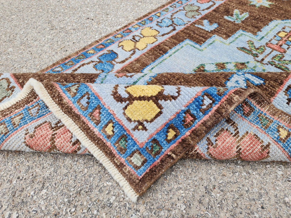 Handwoven 3x5 Oushak Rug: Turkish Wool, Brown & Blue Floral