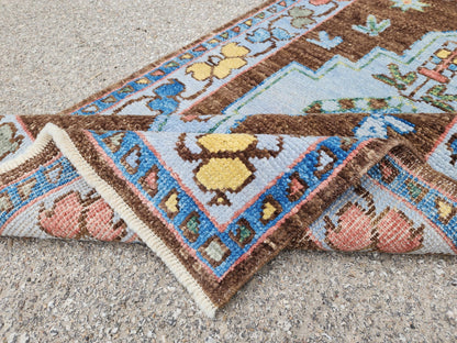 Handwoven 3x5 Oushak Rug: Turkish Wool, Brown & Blue Floral