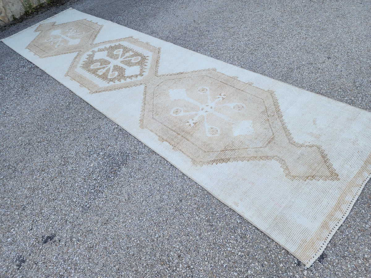 3x13 Neutral Turkish Runner Rug: Beige Rustic Hallway Decor