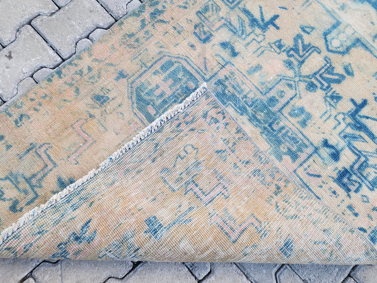 3x10 Blue Wool Turkish Runner Rug: Neutral Bohemian Hallway Decor