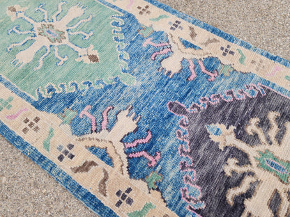 3x13 Oushak Runner Rug, Soft Blue Wool Turkish Hand Made, Rustic Hallway Decor
