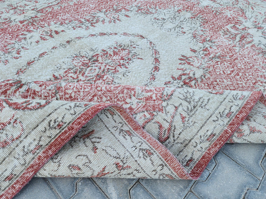 7x10 Vintage Oushak Rug: Red Neutral Oriental Rug, Farmhouse Decor