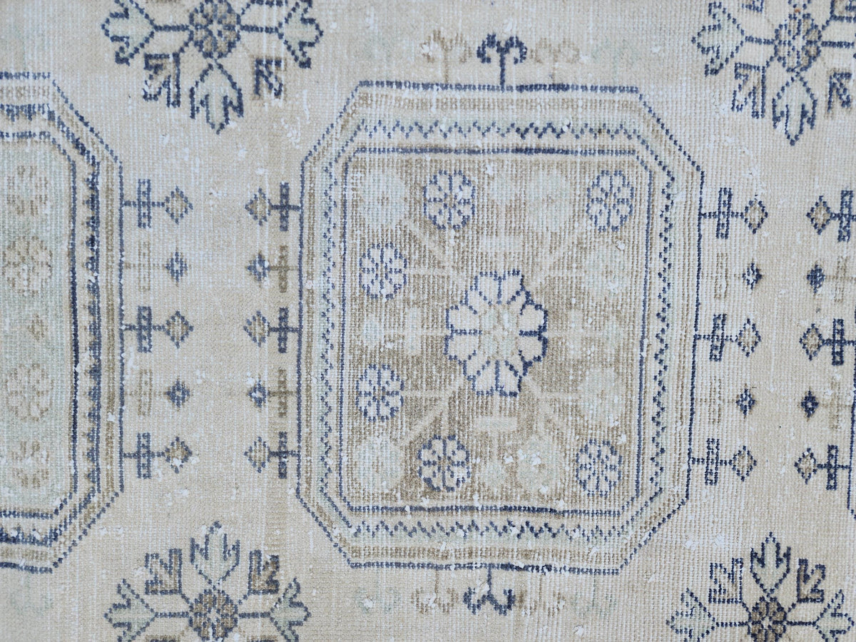 Neutral Geometric Runner Rug 3x10, Turkish Hand Made Rustic Home Decor, Beige and Blue Wool