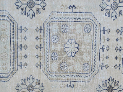 Neutral Geometric Runner Rug 3x10, Turkish Hand Made Rustic Home Decor, Beige and Blue Wool