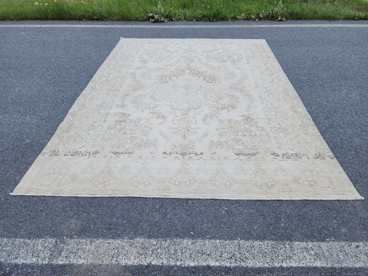 10x13 Neutral Vintage Rug, Hand Knotted Up Cycled Wool, Beige and Brown