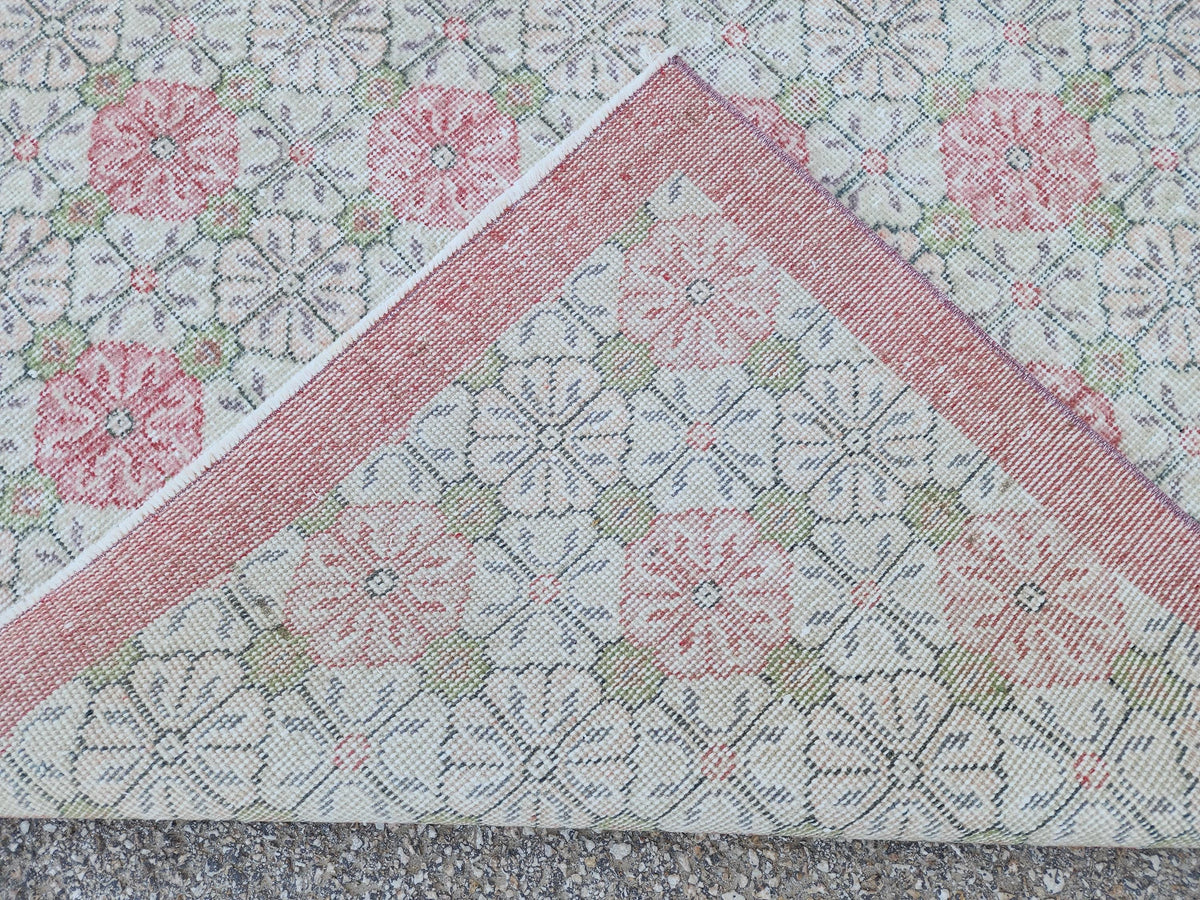 5x9 Vintage Area Rug, Turkish Wool Hand Knotted, Faded Red And Green Carpet