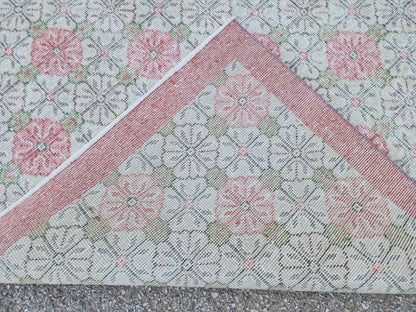 5x9 Vintage Area Rug, Turkish Wool Hand Knotted, Faded Red And Green Carpet