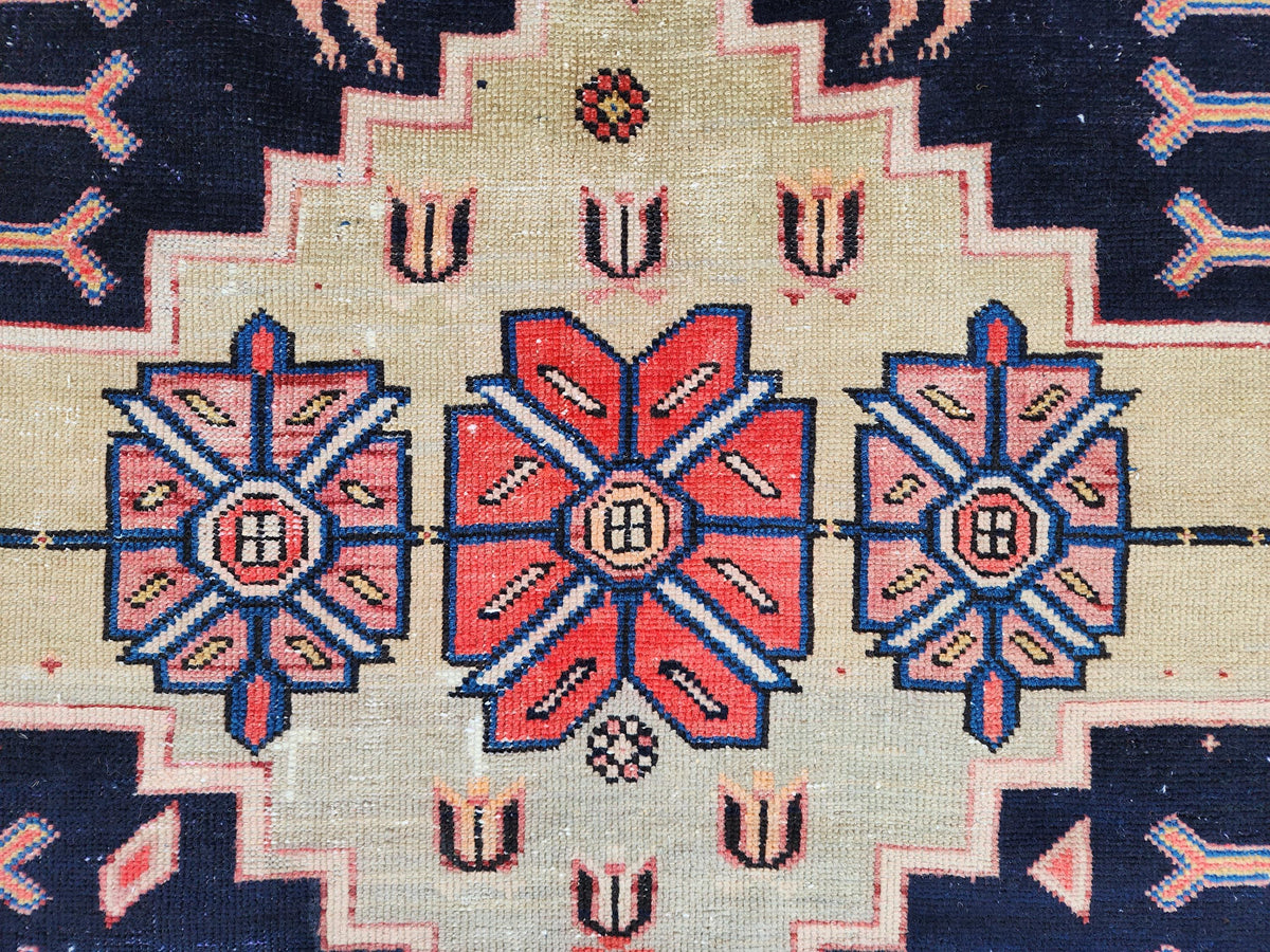 3.7x9.7 Vintage Caucasian Runner Rug, 1950s Handwoven Wool Carpet, Animal Motif Navy Red Tribal Design