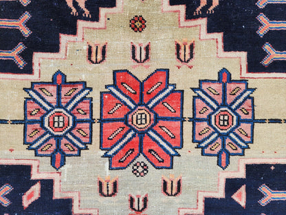 3.7x9.7 Vintage Caucasian Runner Rug, 1950s Handwoven Wool Carpet, Animal Motif Navy Red Tribal Design